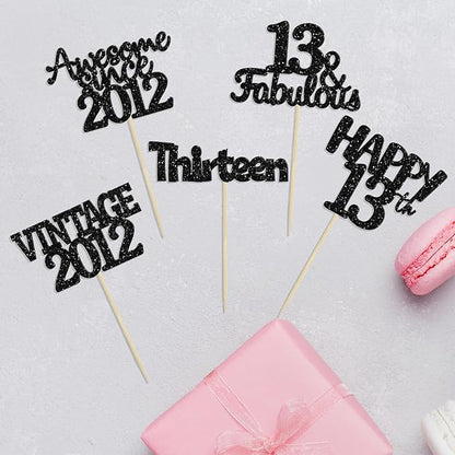Gyufise 30Pcs Vintage 2012 Cupcake Toppers Glitter Thirteen Happy 13th Cupcake Picks Happy 13th Birthday Cake Decorations for Happy 13th Birthday Anniversary Party Supplies Black
