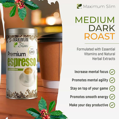 Maximum Slim Premio Instant Espresso Powder – Bold & Rich Flavor 100% Arabica Beans - Non-GMO, Gluten-Free – Premium Medium Roast Coffee 14.1 oz Resealable Jar : Café Instantáneo (Pack of 2)