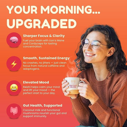 Organic Bless Instant Mushroom Coffee Powder – Organic Lion’s Mane, Reishi & Cordyceps Blend for Energy, Focus & Clarity – Adaptogenic Coffee with Coconut Milk & MCT Oil – 30 Servings