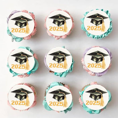 Gyufise 48Pcs Edible 2025 Graduation Cap Cupcake Toppers Wafer Paper Class of 2025 Grad Cap Cupcake Picks for 2025 Graduation Theme Party Cake Decorations Supplies Gold