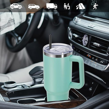 DOMICARE 40 oz Tumbler with Handle and Straw, Stainless Steel Tumbler with Lid and Straw, Reusable Vacuum Insulated Cup, Travel Coffee Mug, Mint Green, 4Pack