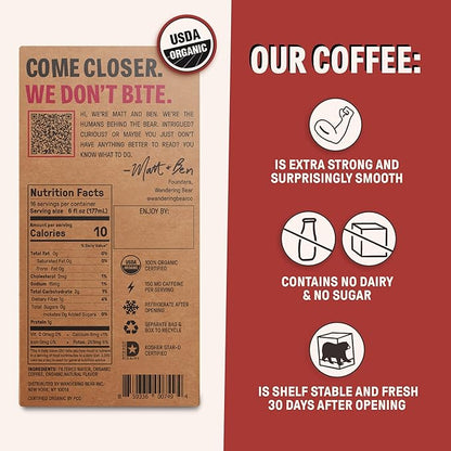 Wandering Bear Organic Mocha Cold Brew Coffee On Tap, 96 fl oz - Extra Strong, Bold, Smooth, Unsweetened, Shelf-Stable, Ready to Drink, Gluten Free, & Vegan, Iced Cold Brewed Coffee Drinks