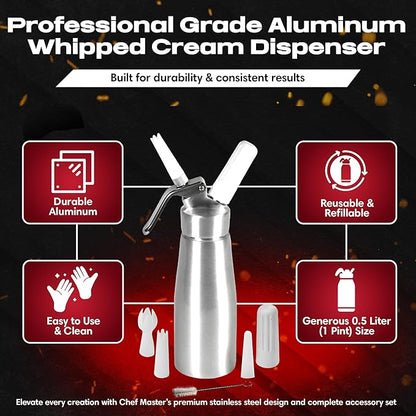 Chef Master (1 Pint / 0.5 Liter) Aluminum Whipped Cream Dispenser - Decorating Tips for Desserts, Coffee, Latte + Cleaning Brush - Whip Cream Dispenser Canister for Home, Bakery or Restaurant - 90076