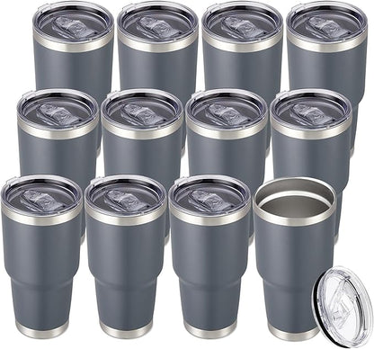 30 oz Tumbler with Lid Stainless Steel Tumblers Bulk Vacuum Insulated Cup Reusable Powder Coated Travel Mug Double Wall Leak Proof Cups Keep Cold Drinks for 12 Hours Gray, Set of 12