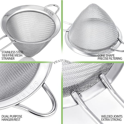 2 Pack Stainless Steel 18/8 Small Food Strainer, Fine Mesh Sieve with Long Handle, Cocktail Strainer For Cocktails, Tea Herbs, Coffee & Drinks, Rust Proof & Great as Tea Strainer, 3.5inch