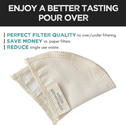 (2-Pack) Reusable Organic Cotton Pour Over Cone Filters for Hario V60, Chemex, Kalita and Origami Style Filters — Pourover Coffee Filter Maker Cup Ceramic, Glass, Plastic Dripper (Size 02, 2-4 Cups)