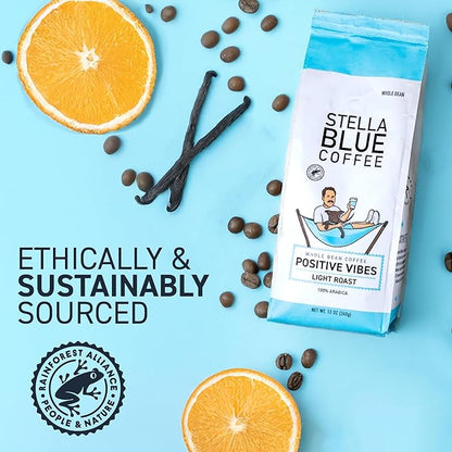 Stella Blue Whole Bean Coffee, Positive Vibes Blend, Light Roast, Vanilla and Fruity Notes, 100% Arabica, Ethically Sourced from Central and South America, 12 oz bag