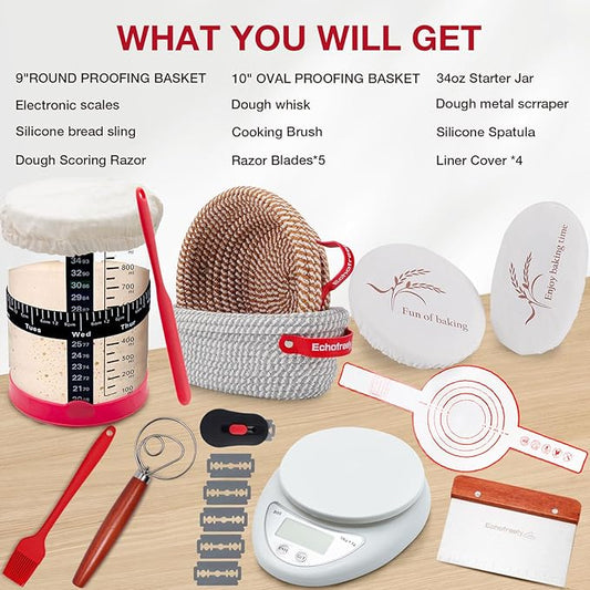 Complete Sourdough Starter Kit with 34oz Glass Jar, Digital Scale, 2 Banneton Baskets & Essential Tools | All-in-One Sourdough Bread Baking Supplies for Beginners & Pros