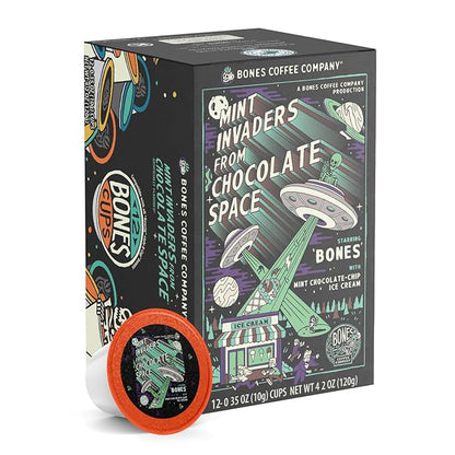 Bones Coffee Company Mint Invaders, Mint Chocolate Chip Flavored Coffee Pods, Low Acid Medium Roast Single-Serve Bones Cups, Compatible with Capsule Brewers Coffee Maker, 12 Count