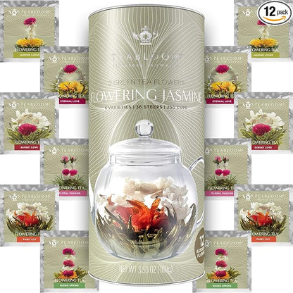 Teabloom Jasmine Flowering Tea – Hand Tied Green Tea Leaves + Jasmine Blossoms Flowering Tea Creations – Blooming Tea Gift Set – 12-Pack, 36 Steeps, Makes 250 Cups