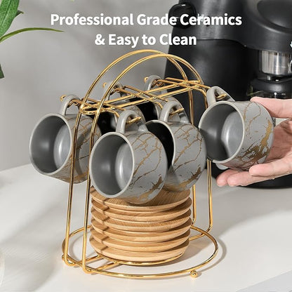 LUKA Ceramic Espresso Cups with Saucers and Metal Stand, Small 4 oz Porcelain Demitasse Cups Set of 6, Cute Cappuccino Coffee Cups for Double Espresso, Tea, Marbling Gray