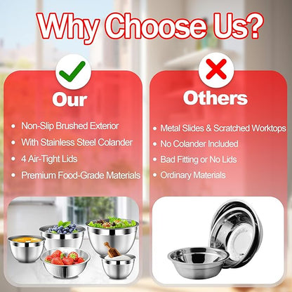 Mixing Bowls with Strainer, Mixing Bowl with Lids Set, Stainless Steel Mixing Bowls, Kitchen Gadgets 2025 Salad Bowls with Strainer for Mixing & Preping & Baking, Multicolor