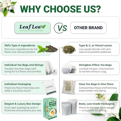 LeafLea 40 Jasmine Green Tea Bags, Premium Green Tea Scented with Jasmine Flowers for Gentle Support & Light Alertness, Floral Smoothness, Caffeinated, Sugar-Free, Non-GMO, Vegan, Individually Wrapped