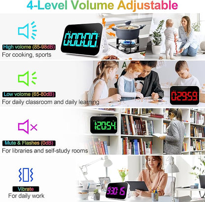 Kitchen Timer for Cooking, 10 RGB Color Rechargeable Digital Magnetic KidsTimer with Voice Reminder, Countdown/Up, 5”LED Display 3 Brightness 4 Volume Adjustable for Kids Classroom Home Gym-RGB