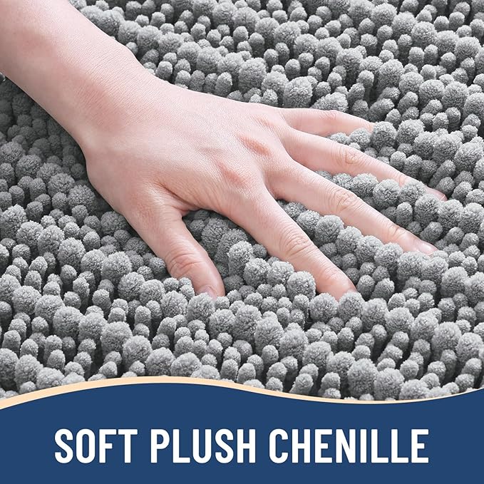 Arotive Luxury Chenille Bathroom Rug Mat, Extra Soft Thick Absorbent Shaggy Bath Rugs, Non-Slip Machine Wash Dry, Plush Bath Mats for Bathroom, Shower and Tub, 59x35, Light Grey