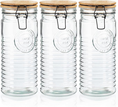 kitchentoolz Glass Storage Canister with Airtight Clasp Lids - Set of 3 Mason Jar Storage Containers for Cereal, Coffee & Rice - 56 Ounce Pantry Organizing Canister Set