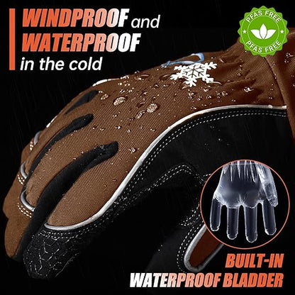 HANDLANDY Winter Insulated Work Gloves, 3M Thinsulate Thermal Water-Resistant Glove for Men Women Touch Screen, Warm Ski Snowboard Cold Weather Gloves (Brown, Medium)
