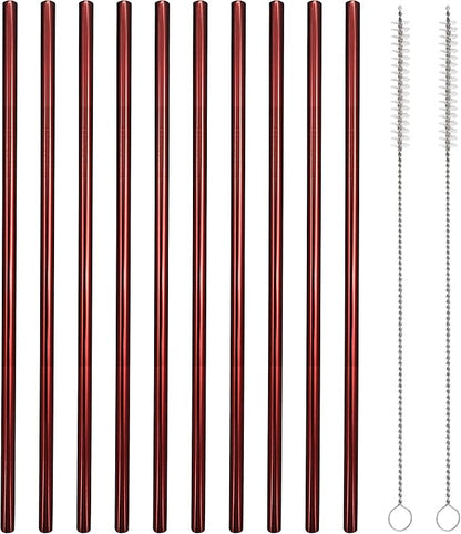 10 Pcs Stainless Steel Straws, Reusable Drinking Straws, Straight Metal Straw Sets with 2 Pcs Cleaning Brushes (10.5 Inch, Red)