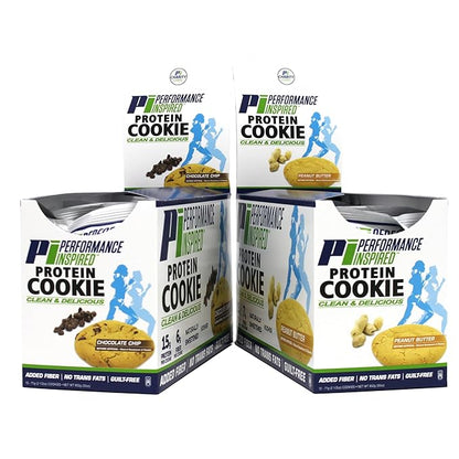 Performance Inspired Nutrition Mixed Protein Cookie Box – 12 Pack – 6 Chocolate Chip & 6 Peanut Butter – 14-15G Protein, 6-7G Fiber – All-Natural, No Sugar Alcohols