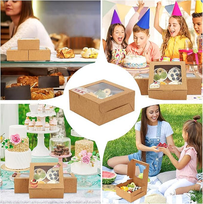 OAMCEG 30 Pack Cookie Boxes with Window, 6x6x3 Inches Brown Bakery Treat Boxes with Stickers & Twine for Pastry, Desserts, Strawberries, Cupcakes, Gift Giving