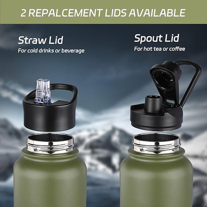 HASLE OUTFITTERS 32 oz Insulated Water Bottle Stainless Steel Double Walled Vacuum Sports Water Bottle with 2 Lids (Straw and Spout Lid) for Gym Camping Hiking(Army Green,8)