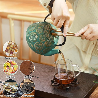 Cast Iron Teapot, 40oz Tea Kettle with Infuser for Stove Top, Sakura Design Japanese Tea Pot for Tea&Coffee Coated with Enameled Interior, Silicone Handle 1200ml black