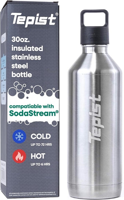 ThirtyO 30oz Stainless Steel Bottle Compatible with Sodastream Machines | Silver | Vacuum Sealed | Double Walled | Leak-Proof | Easy to Carry | Reusable Bottle