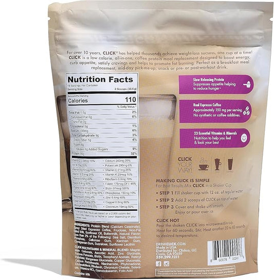 Click Coffee Protein Powder | Double Shot Espresso | 16g Protein | 23 Essential Vitamins | Low Calorie Meal Replacement | 150mg Caffeine | Gluten Free | No Artificial Flavors or Colors | Vanilla