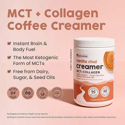 NativePath Keto Coffee Creamer Powder Vanilla Chai — Keto-Friendly, Non-Dairy & Low Sugar Creamer. Made with Grass-fed Collagen Protein Powder, MCT Oil & Monk Fruit. Soy & Gluten Free (7.1 OZ)