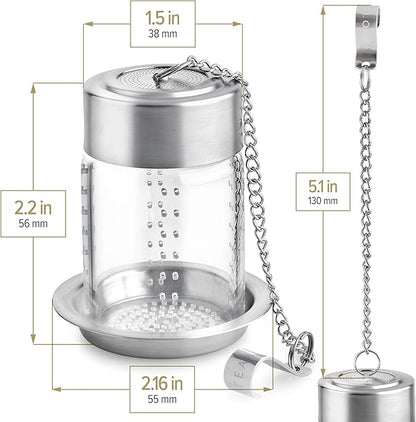 Teabloom Puresteep Glass Tea Infuser with Lid & Drip Tray – Borosilicate Glass Loose Leaf Steeper with Stainless Steel Chain – Non-Toxic – Small or Large Size