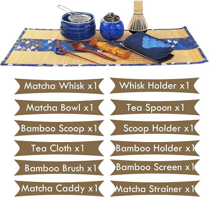 Artcome 12Pcs Japanese Matcha Tea Set - Bowl, Bamboo Whisk, Holder, Brush and Screen - Handmade Ceremony Kit for Traditional Tea Ceremony