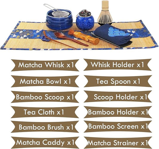 Artcome 12Pcs Japanese Matcha Tea Set - Bowl, Bamboo Whisk, Holder, Brush and Screen - Handmade Ceremony Kit for Traditional Tea Ceremony