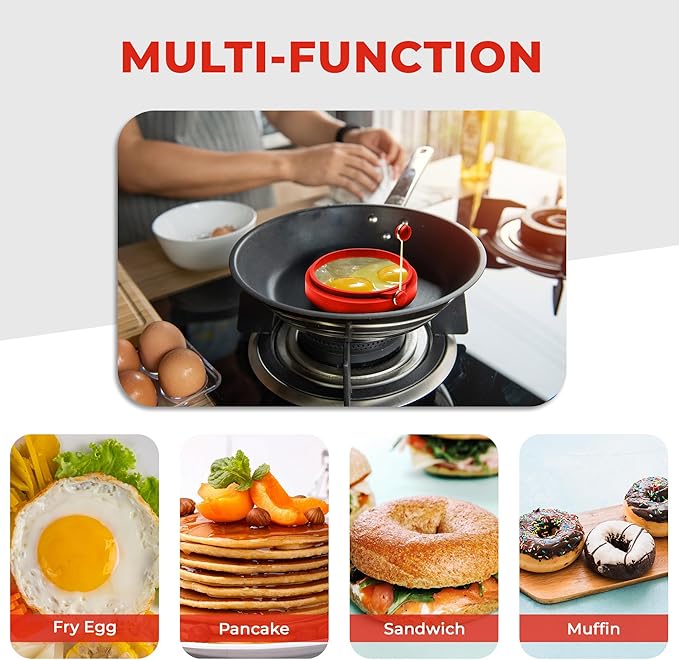 Professional 4 Inch Silicone Egg Ring, Pancake Mold Egg Mold for Breakfast Sandwiches, Omelets and More, Nonstick Ring, Round Blue (Pack of 4), Free e-Book by Abam (Red)