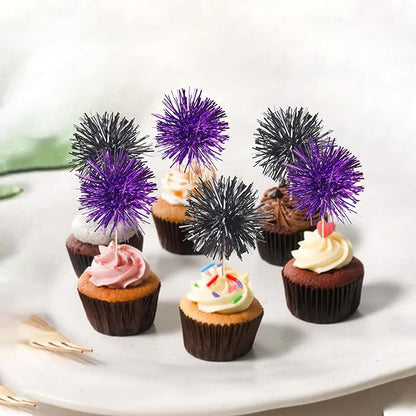 40 PCS Foil Firework Cupcake Toppers Sparkle Tinsel Cupcake Picks Fireworks Birthday Party Decorations Cocktail Fruit Toothpick for Birthday Wedding Graduation Party Decorations Supplies Black Purple