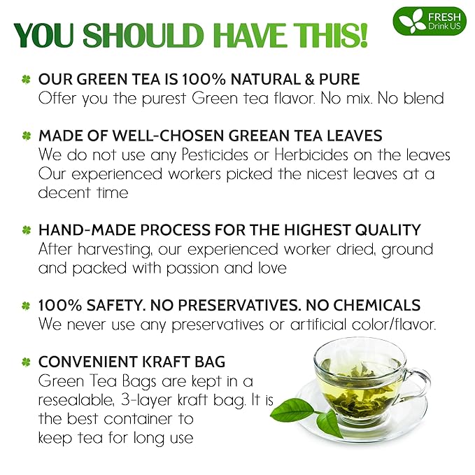 FreshDrinkUS, Premium 175 Green Tea Bags, 100% Natural & Pure from Green Tea. Green Herbal Tea. Made with Natural Material Tea Bags. No Sugar, No Gluten, Vegan