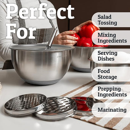 Priority Chef Stainless Steel Mixing Bowls with Lids Set, 3 Grater Attachments, Airtight Lids, Non-Slip Silicone Base Mixing Bowl Set, Large Prep Metal Mixing Bowls for Kitchen, Grey
