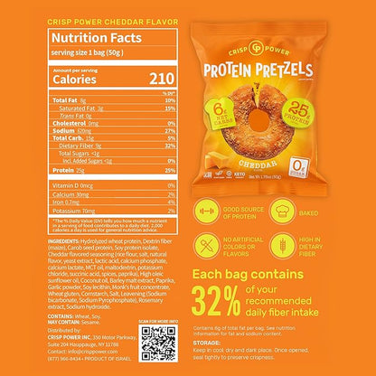Crisp Power Protein Pretzels, NEW Cheddar, High Protein Vegan Keto Snack, 25 G Plant Based Protein, Low Carb Crunchy Pretzel Snacks, No Added Sugar, No Seed Oils, 1.75 oz Bags, 6 Pack