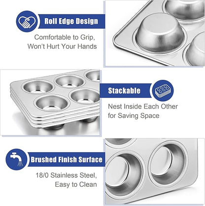 TeamFar Muffin Pan Set of 4, 6 Cup Muffin Tins Pans For Baking, Cupcake Pan Tray Set Stainless Steel for Baking Muffins Cakes Tarts and More, Healthy & Sturdy, Oven & Dishwasher Safe