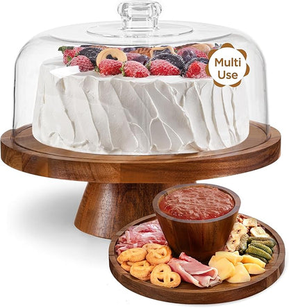 HBlife Cake Stand with Lid (11.4"), Multifunctional Cake Stand with Acrylic Dome, Acacia Wood 6-in-1 Cake Plate Display Stand with Cover for Baking Gifts, Birthday Kitchen Parties, Weddings