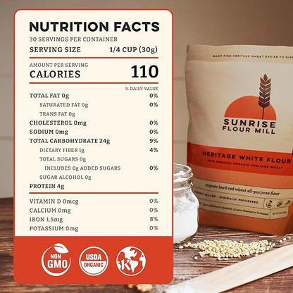 Sunrise Flour Mill Heritage Organic White Flour | USDA Organic All Purpose Flour Unbleached - Non-GMO, Kosher, Glyphosate Free, High Protein for Baking, Unbromated White Wheat (2 Pounds (Pack of 1))