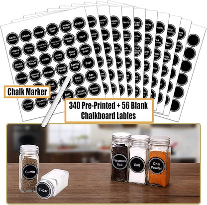 SWOMMOLY 36 Glass Spice Jars with 703 Spice Labels, Empty Square Spice Bottles 4 oz with Pour/Sift Shaker Lid, Airtight Cap, Chalk Marker and Funnel Complete Set