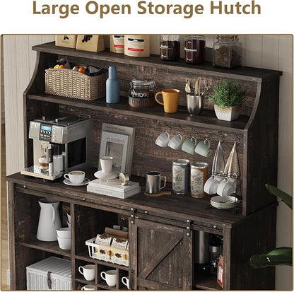 55 Inch Farmhouse Coffee Bar Cabinet with 3-Tier Storage, Kitchen Hutch with12 Wine Racks & 3 Glass Holders, Coffee Bar with 6 Hooks, Wine Bar Cabinet for Dining Living Room, Oak