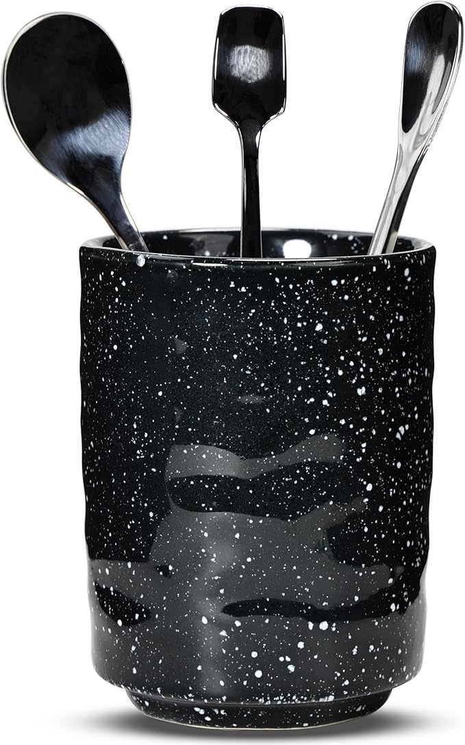 Ceramic Spoon Holder for Coffee Bar, Upright Tea Spoon Holder Cup, Coffee Stirrers Straws Stir Stick Holder, Black Starry Sky