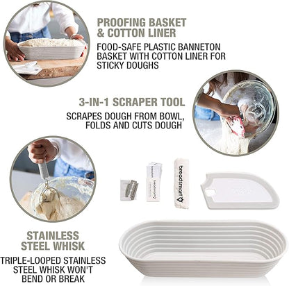 Artisan Bread Making Kit - 5PC Sourdough Bread Baking Supplies Set - Lame, Scraper, Whisk, Banneton Bread Proofing Basket & Cotton Liner
