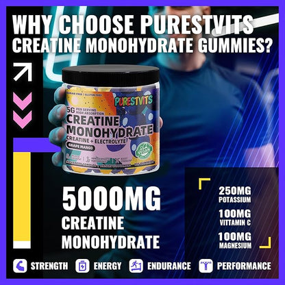 Creatine Monohydrate Gummies (5g) – Pre-Workout Energy & Muscle Growth Support for Men & Women | Grape Mango Electrolyte Gummies (135 Count)