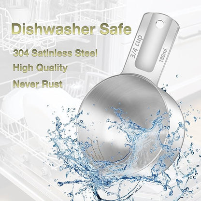 2PCS 3/4Cup (180ml, 6oz) Single Measuring Cup, Etched Inner Scale Stainless Steel Measure Scoop, Metric and US Measurement, Dishwasher Safe
