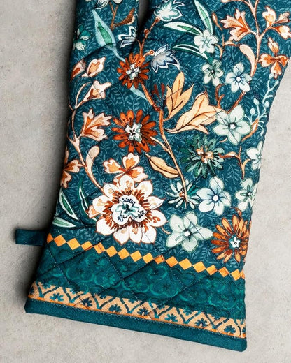 Maison d' Hermine 100% Cotton Oven Mitt & Pot Holder Set (7.5"x13" & 8"x8") Heat Resistant BBQ Cooking Gloves with Loop, Baking, Grilling, Kitchen, Handling Hot Pans (Luxury Loft-Dark Teal)
