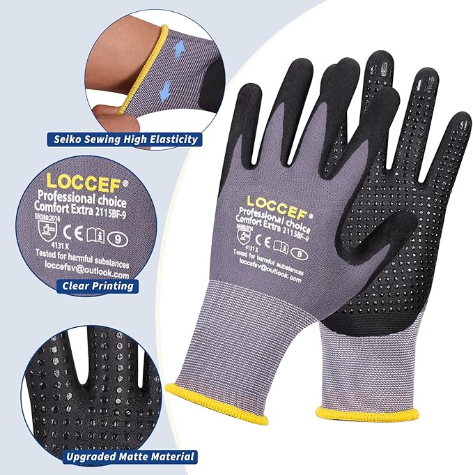 Work Gloves MicroFoam Nitrile Coated-6 Pairs,Endurance Seamless Knit Nylon,Dots on palm,Tacky Dot Grip Gloves