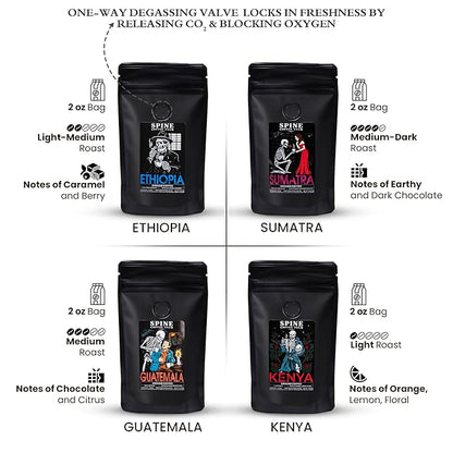 Spine Coffee Club LLC 4-Pack Gourmet Coffee Sampler Gift Box Set with Ethiopia, Sumatra, Guatemala, Kenya Single Origin Selection – Ground Coffee