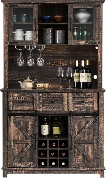 AMERLIFE 72'' Coffee Bar Wine Cabinet with Sliding Barn Door, Farmhouse Kitchen Sideboard, Buffet Storage Table, Wine Glass Racks, 3 Drawers, LED Lights, Tall Hutch Home Bar Dark Rustic Oak